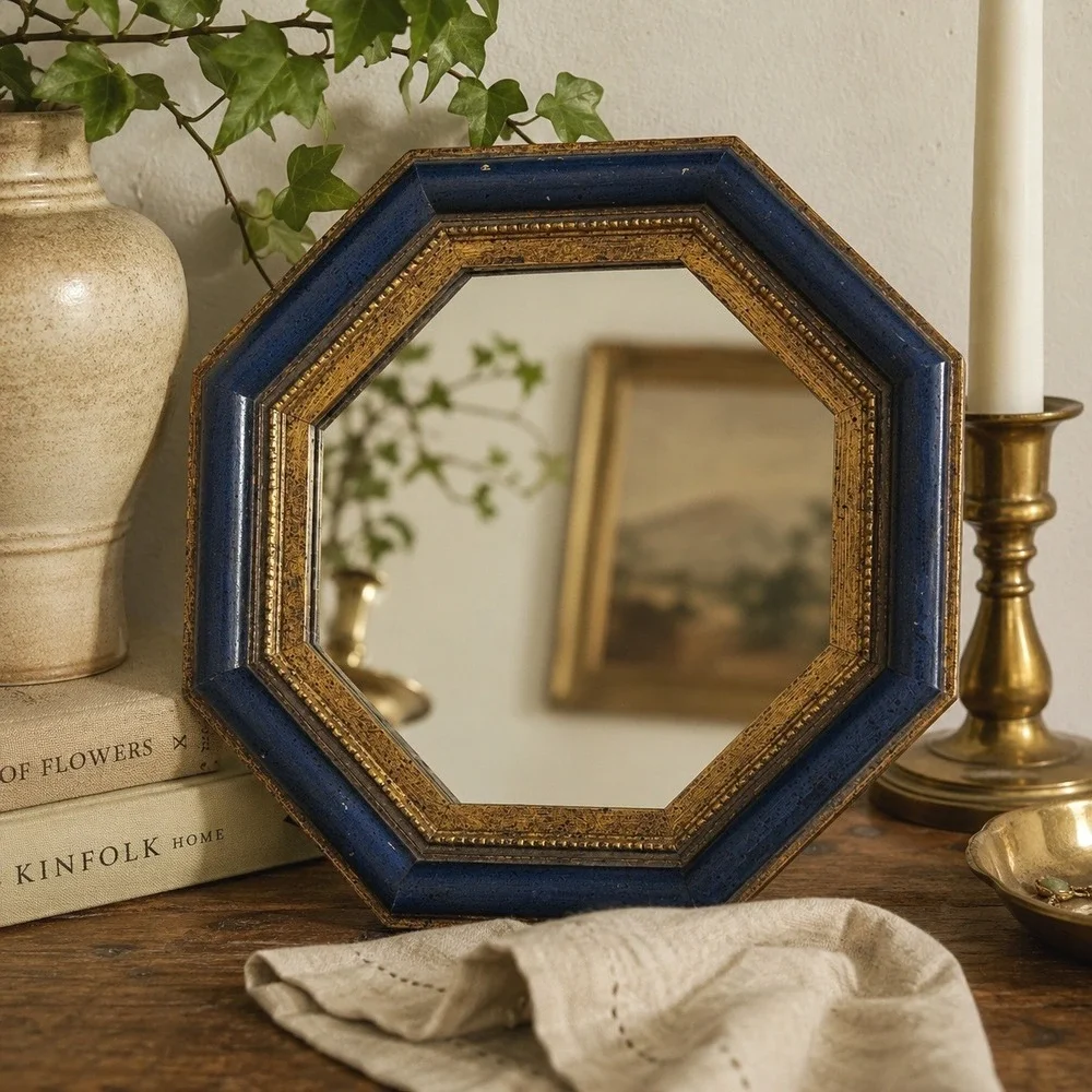 Vintage Fleck Bros Octagon Blue Gold Wall Mirror 9.5